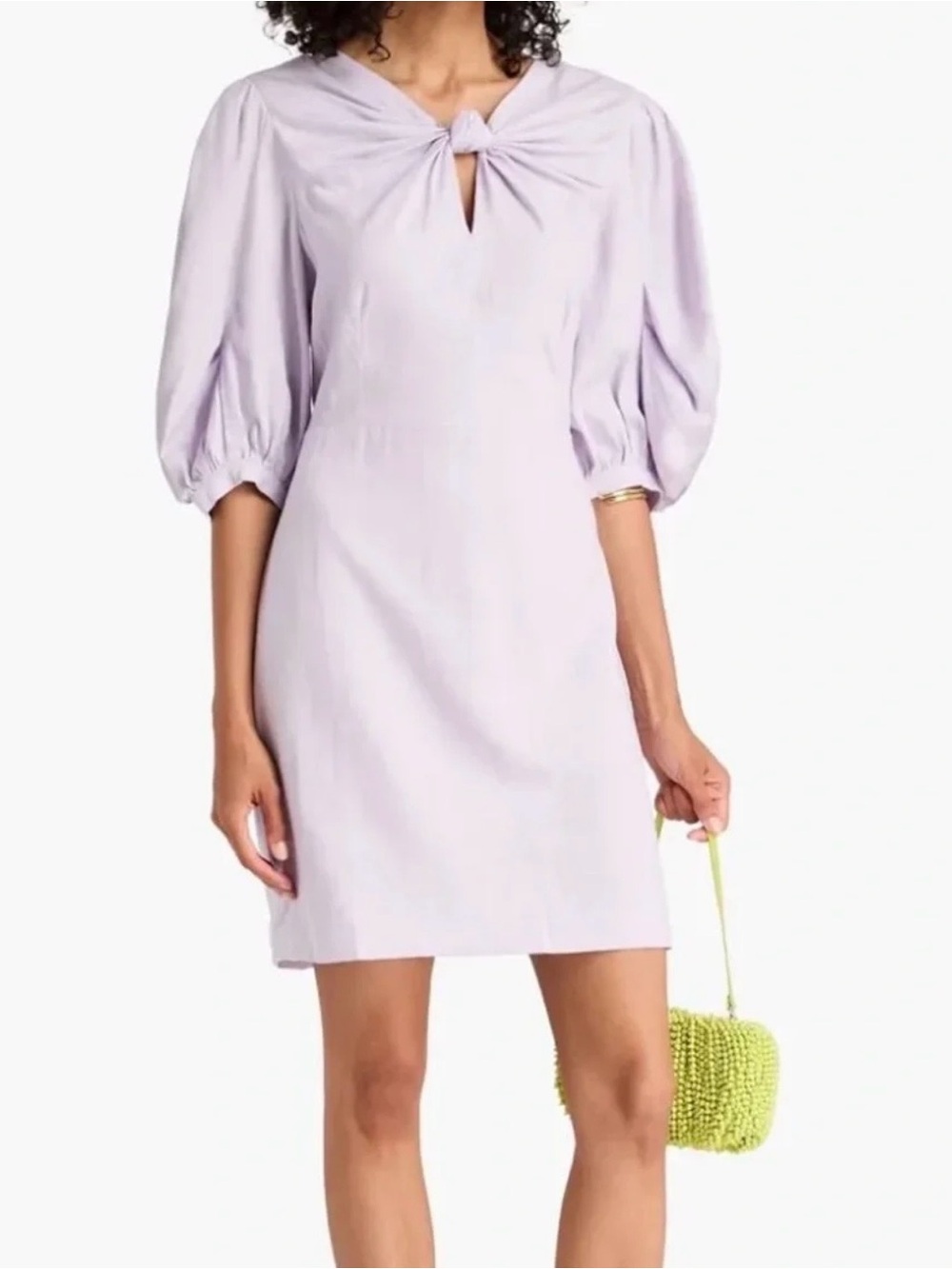 FARM Rio Twist Knot Linen Blend Short Puff Sleeve Mini Dress Lilac Lined XXS
